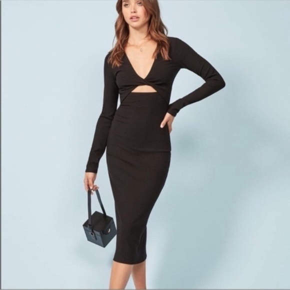 Reformation Polina Long Sleeve Midi Bodycon Dress Black Twist Front Sz XS - Picture 1 of 10